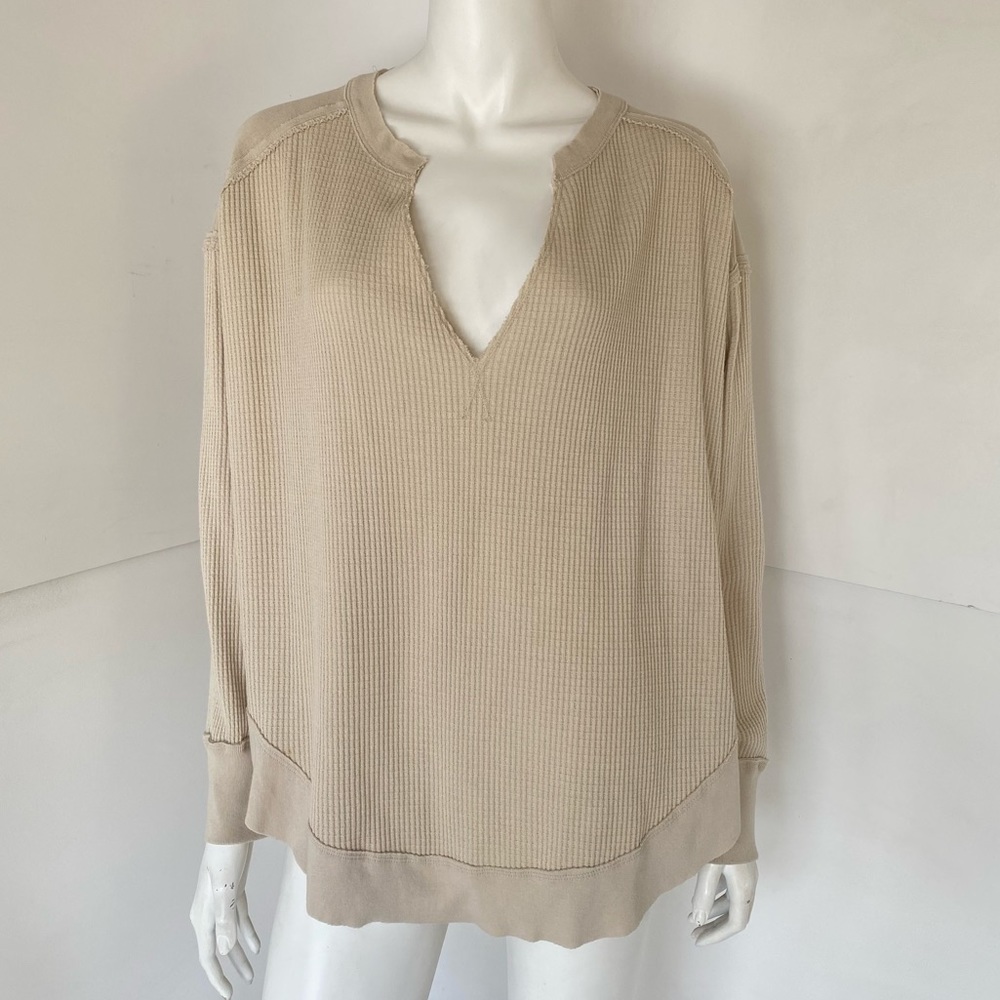 We The Free OVERSIZED Thermal Top Medium Beige Waffle Knit Long Sleeve